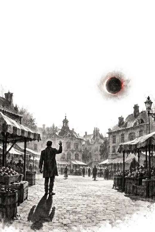 Ink drawing: a man on a market square raises his hand under the black sun. His shadow does not follow.