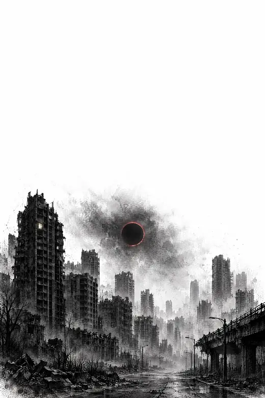 A dark ruined city under the black sun