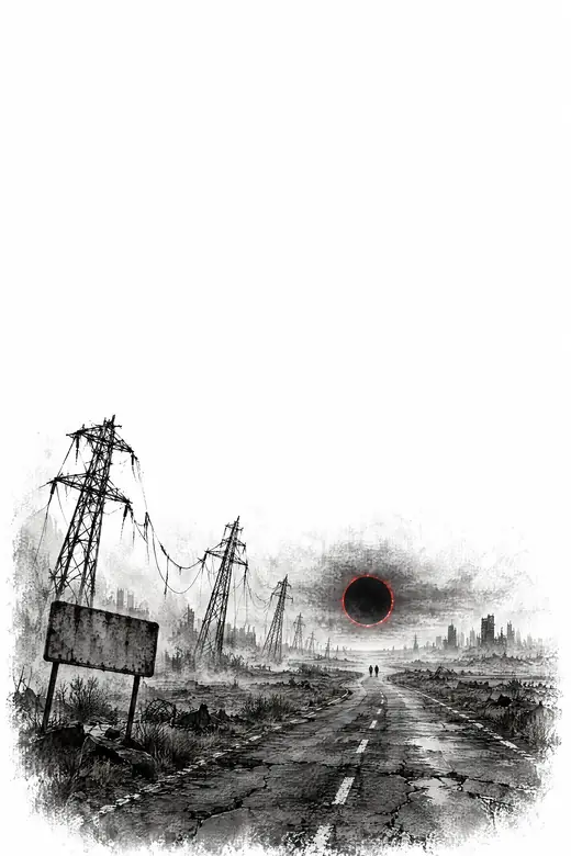 A long country road with toppled power lines