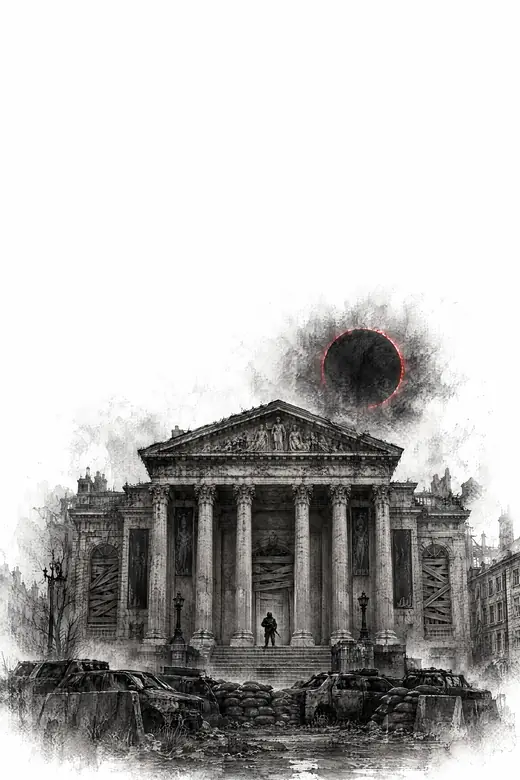 An old museum with columns, a guard at the gate