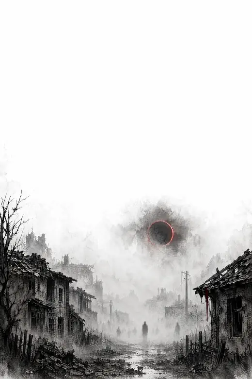 An abandoned village in thick fog