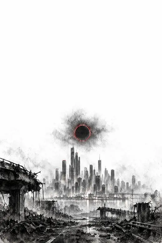 An intact city on the horizon behind ruins