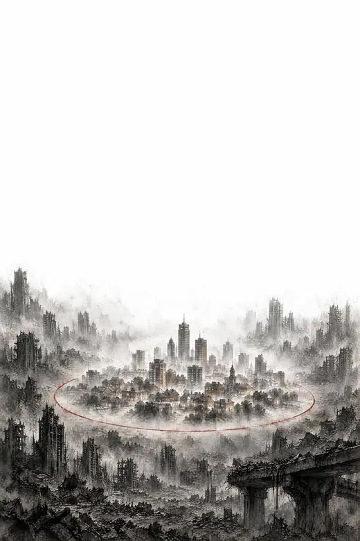 A city inside a fine red warding circle