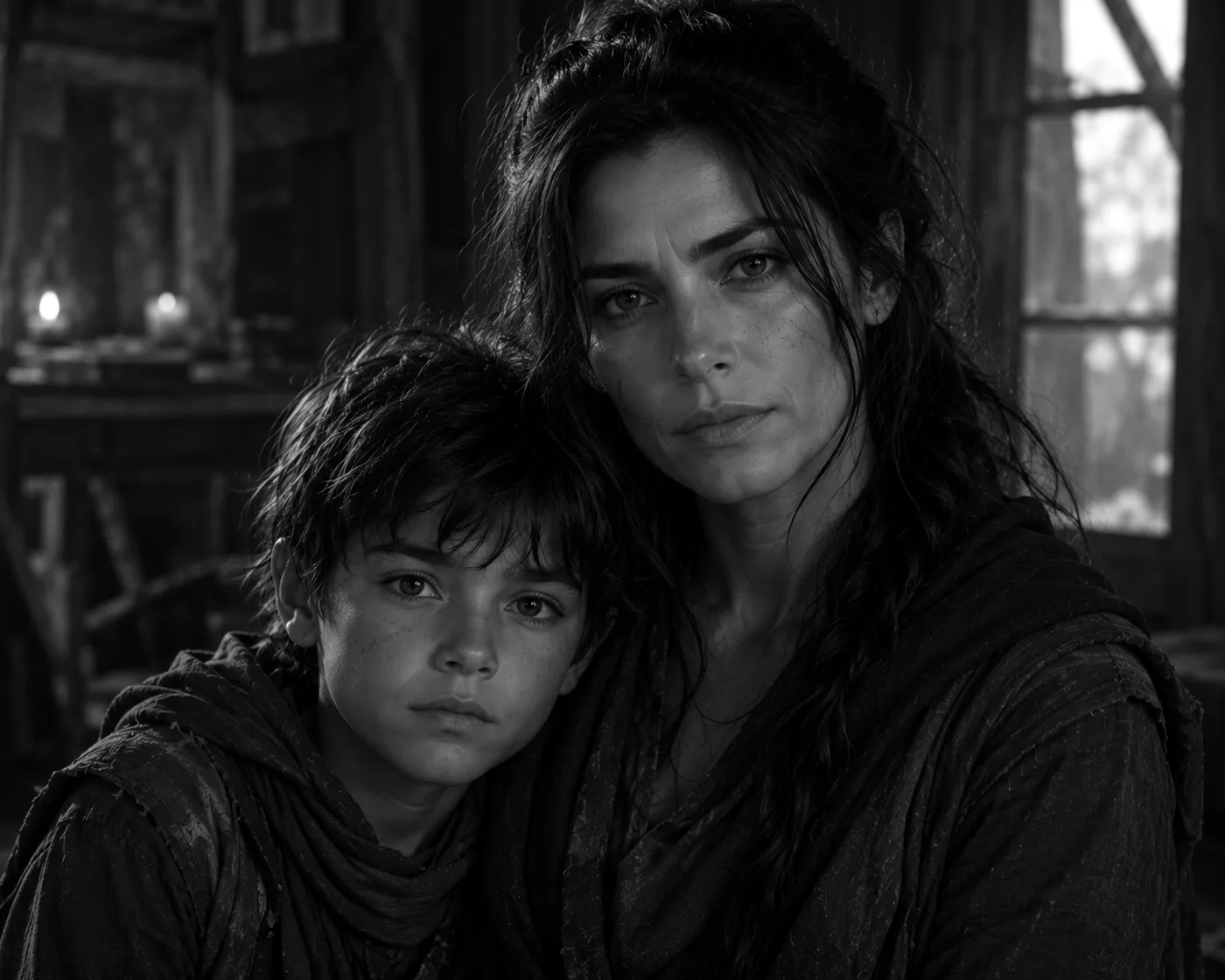 Liora with her son Eryn, close together, in candlelight