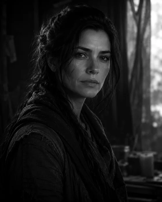 Portrait of Liora: wet dark hair, dark watchful eyes, a worn scarf