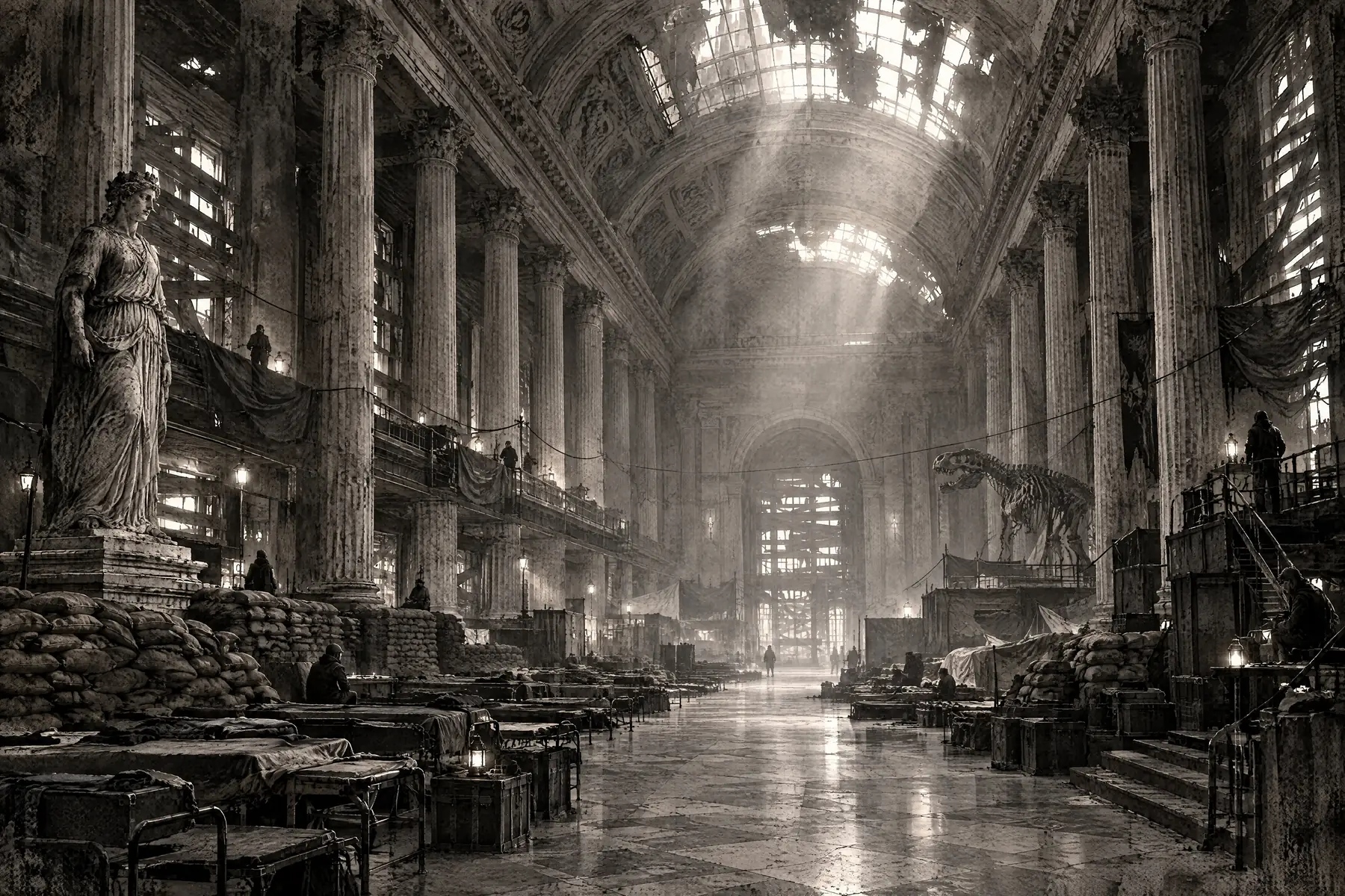The great hall of the museum: columns, statues, light falling through boarded windows