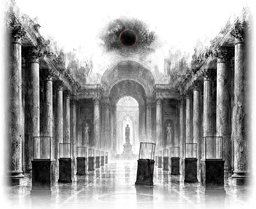 Ink drawing: the museum's pillared hall under the black sun
