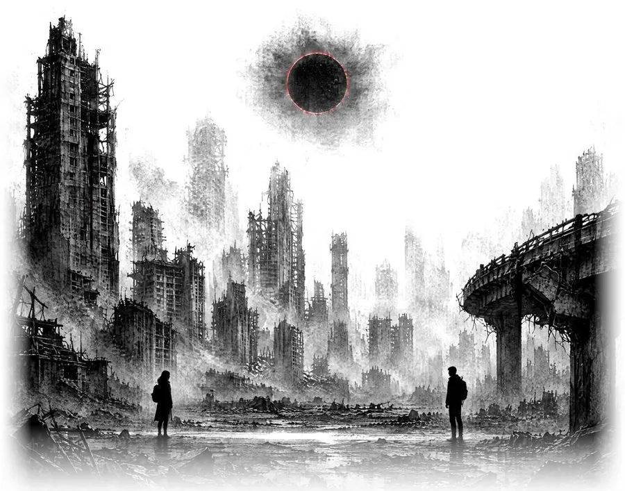 Ink drawing: two figures keeping their distance in a ruined city