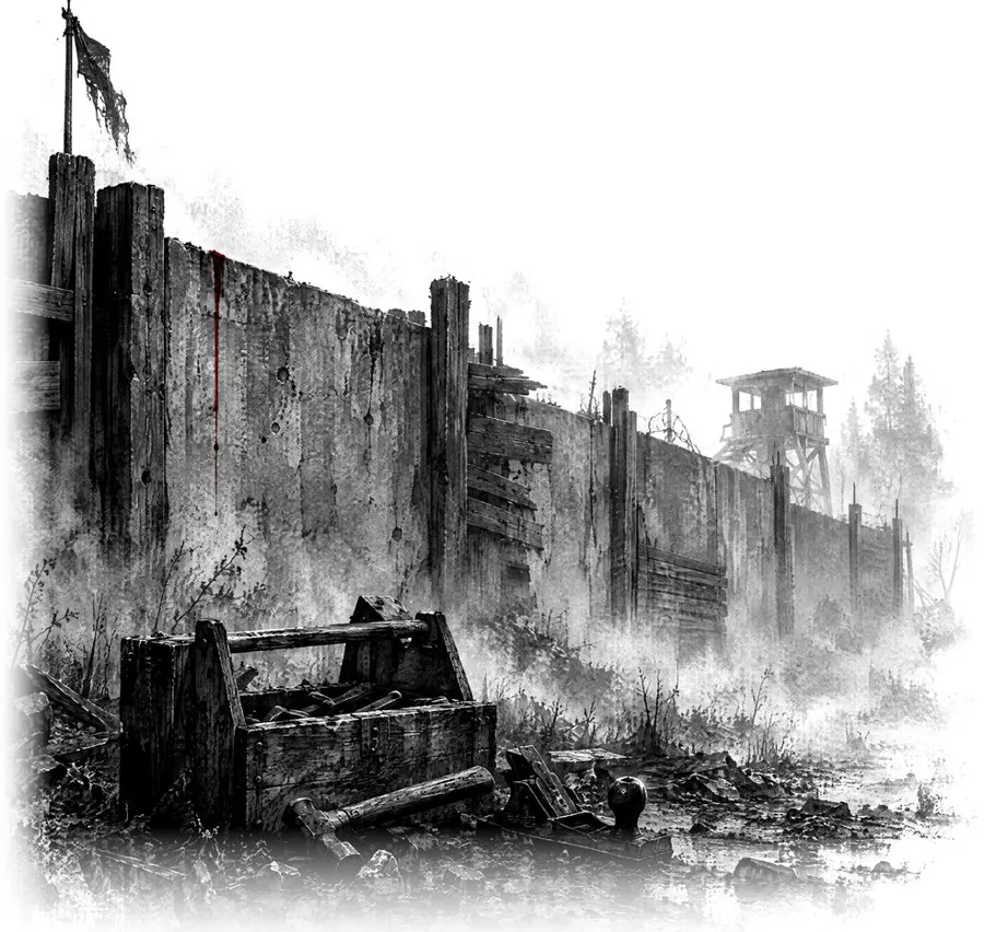 Ink drawing: a high wall with a watchtower and a flag