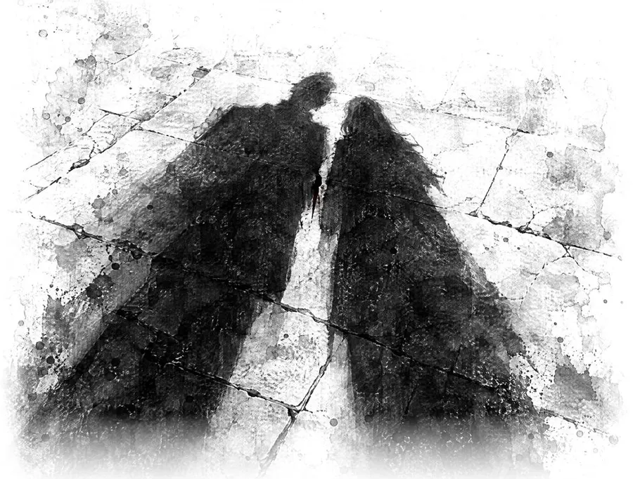 Ink drawing: two long shadows on cracked ground