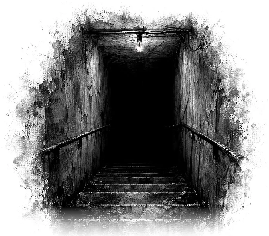 Ink drawing: stairs leading down into a dark cellar