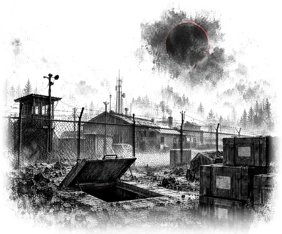 Ink drawing: a fenced camp with a watchtower