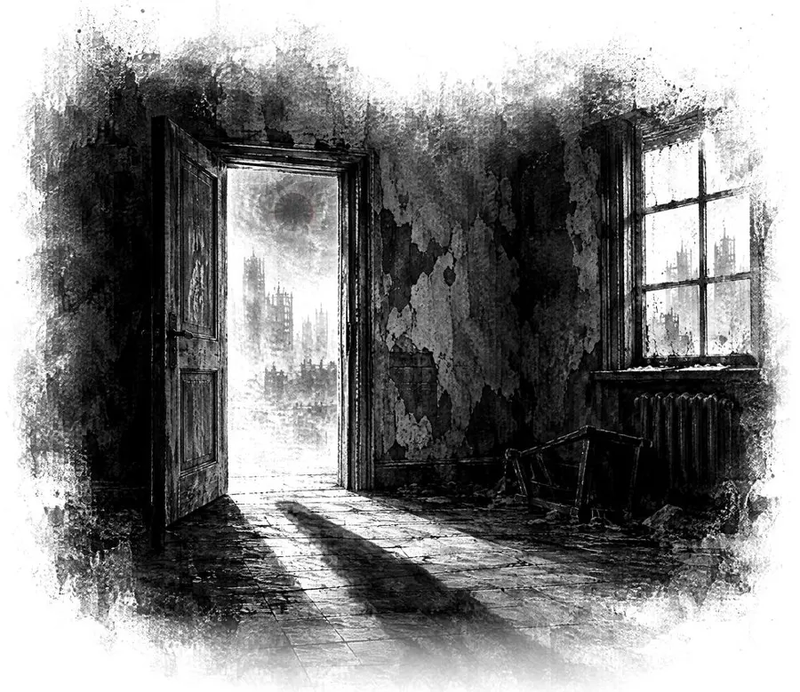 Ink drawing: an open door with light falling through