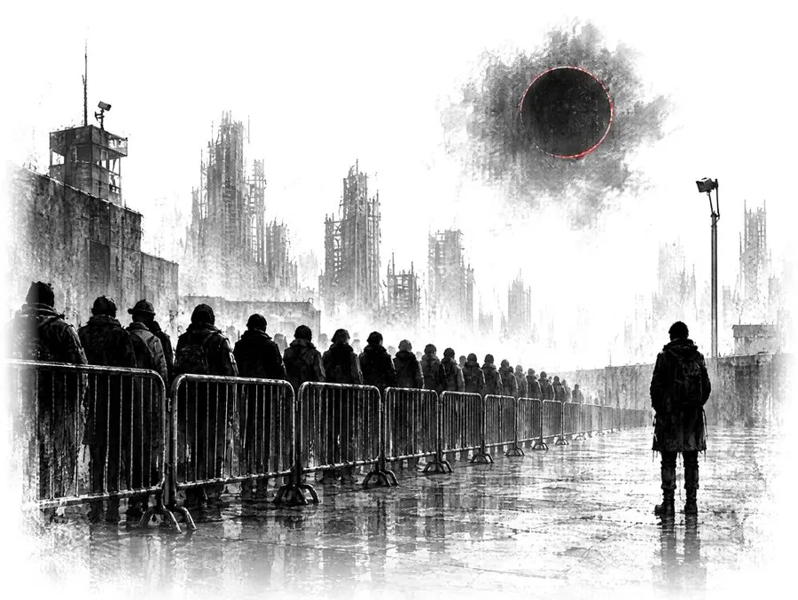 Ink drawing: a queue of people behind crowd barriers
