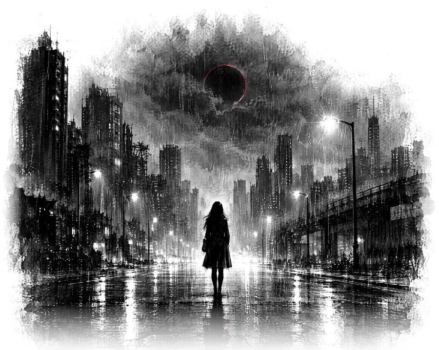 Ink drawing: a woman alone on a wet street at night
