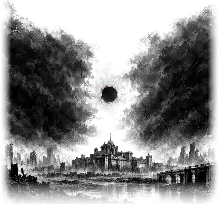 Ink drawing: a fortress between two storm clouds