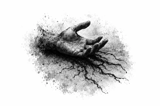 Ink drawing of an open hand with shadow tendrils growing from it