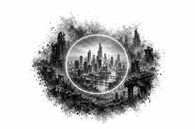 Ink drawing of a city inside a glowing warding circle